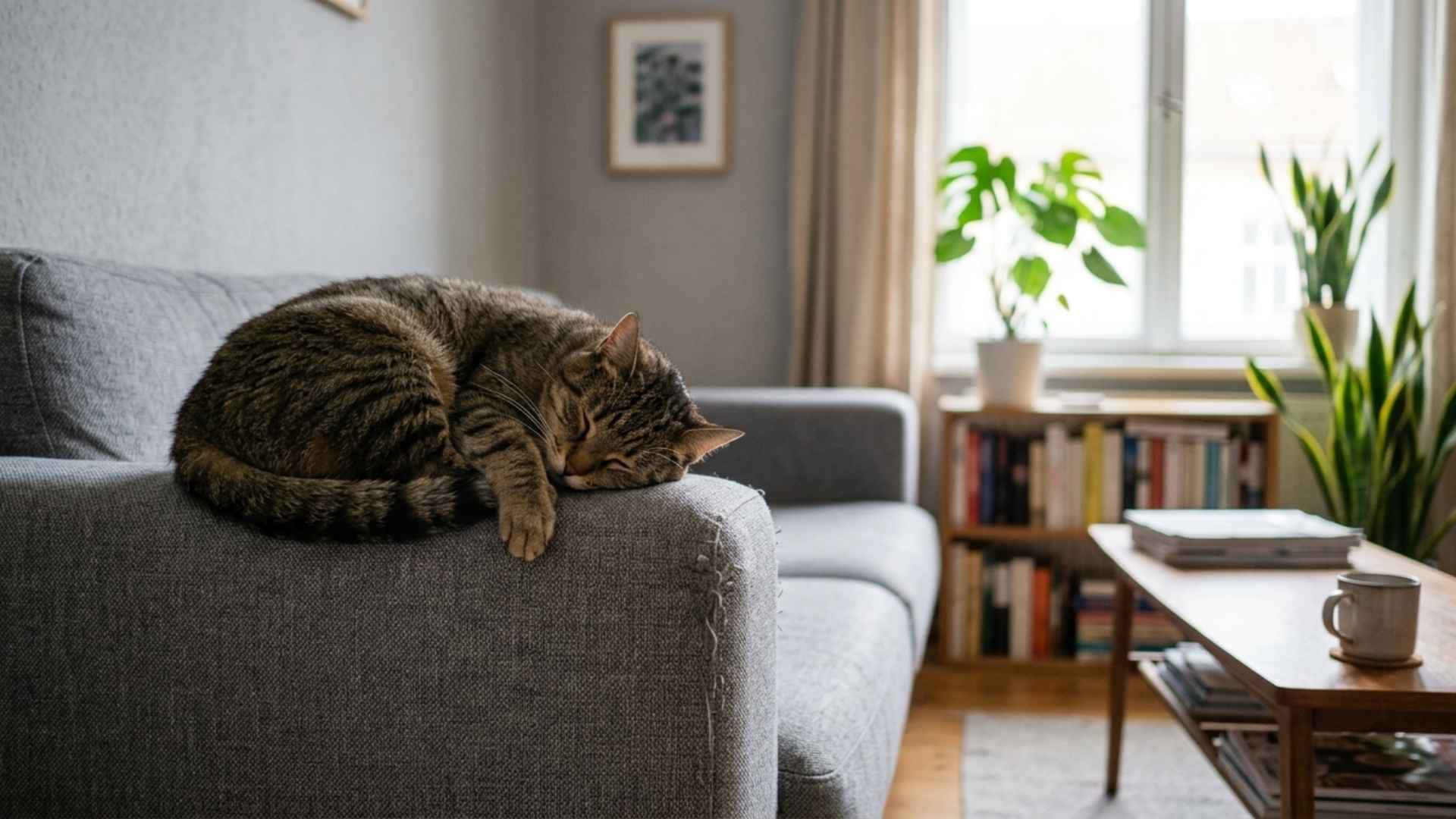 Gato durmiendo en el reposabrazos de un sofa